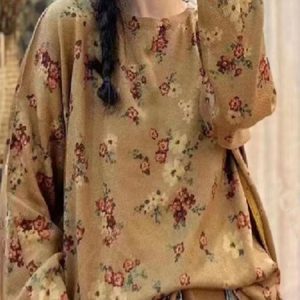 Casual Floral Crew Neck Sweater, Sweaters, color:Brown|size:XXL, JustFashionNow