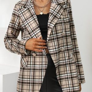 Regular Sleeve Plaid Blazer, Blazers, color:Khaki|size:XXL, JustFashionNow