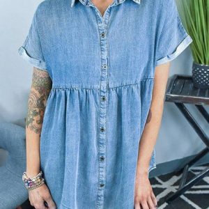 Casual Ruffle Short Sleeve Denim Dress Urban Daily Women's Clothing, Denim Dresses, color:Blue|size:XL, JustFashionNow