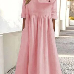 Women Plain Half Open Collar Half Sleeve Comfy Casual Buttoned Midi Dress, Midi, color:Pink|size:3XL, Noracora