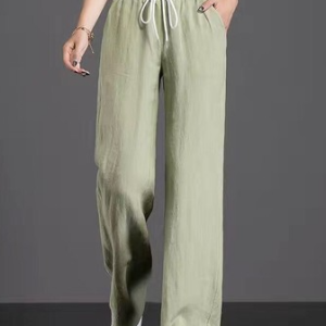Casual Plain Natural Long Lace-up Straight Pants, Pants, color:Green|size:3XL, Noracora