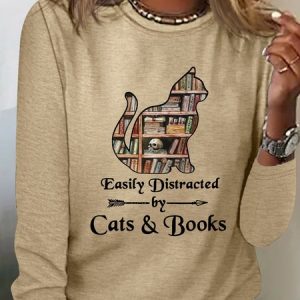 Women's Easily Distracted By Cats And Books Crew Neck Casual Shirt, color:Khaki|size:3XL, Lilicloth.com