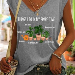 Plant Lovers Gardening Houseplants Funny Print V Neck Knit Tank, color:Gray|size:3XL, Lilicloth.com