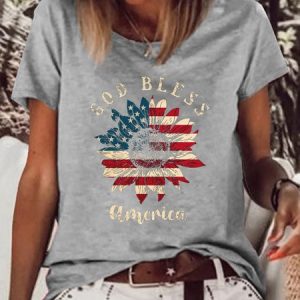 Women's God Bless Sunflower Print Crew Neck Casual T-Shirt, color:Gray|size:3XL, Lilicloth.com