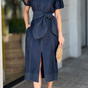 Square Neck Elegant Regular Fit Chemical Fiber Blend Denim Dress, Midi Dresses, color:Denim Blue|size:XXL, Stylewe