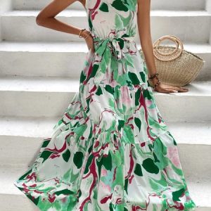 Women Floral Boho High Waist Sleeveless Crew Neck Maxi Dresses, Maxi, color:Green|size:3XL, Noracora