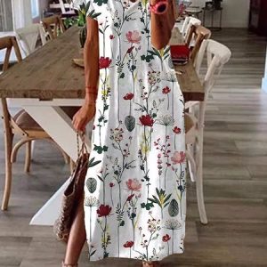 Loose Floral Casual Crew Neck Dress, Dresses, color:White|size:XXL, JustFashionNow