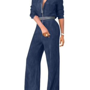 Long Sleeve Shawl Collar Loose Long Zipper Daily Casual Plain Natural For Women, Jumpsuits&Rompers, color:Purplish blue|size:5XL, Noracora