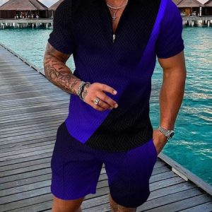 Casual Plain Polo Collar Regular Fit Two-Piece Set, Suit Set, color:Black-blue|size:3XL, JustFashionNow