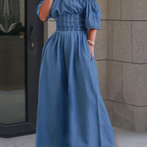 Plain Elegant Regular Fit Cold Shoulder Short sleeve Denim Maxi Dress With No Belt, Maxi Dresses, color:Denim Blue|size:XXL, Stylewe
