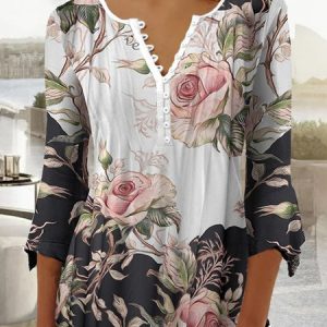 Regular Fit Floral Casual V Neck Top, Shirts & Blouses, color:White|size:XXL, JustFashionNow