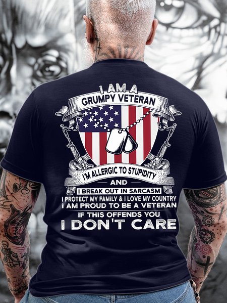 Men's I Am A Grumpy Veteran I Am Allergic To Stupidity And I Break Out In Sarcasm If This Offends You I Don't Care Funny Graphic Printing Gift For Father'S Day Cotton Loose Independence Day Casual T-Shirt, color:Purplish blue|size:3XL, Lilicloth.com