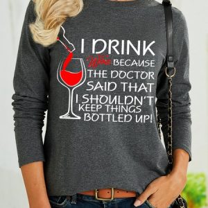 Lilicloth X Y Wine Lovers I Drink Wine Because The Doctor Said That I Shouldn't Keep Things Bottled Up Women's Long Sleeve T-Shirt, color:Gray|size:3XL, Lilicloth.com
