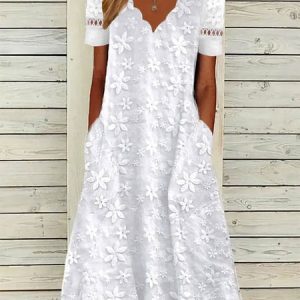 V Neck Lace Linen Lace Dress, Dresses, color:White|size:XXL, JustFashionNow