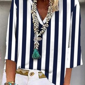 Striped V Neck Printing Casual Shirt, Shirts & Blouses, color:stripe-blue|size:XXL, JustFashionNow