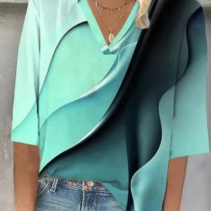 Casual V Neck Ombre Shirt, Blouses, color:Green|size:5XL, Noracora