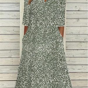 Women Floral V Neck Half Sleeve Comfy Casual Midi Dress, Midi, color:Green|size:XXL, Noracora