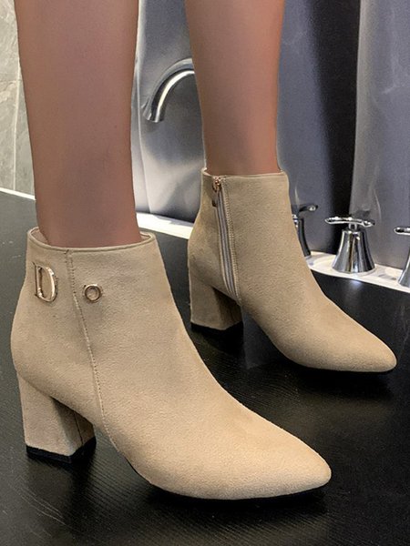 Side Zip Faux Suede Pointed Toe Chunky Heel Booties, Boots, color:Khaki|size:43, JustFashionNow