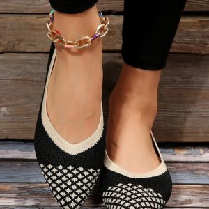 Contrast Color Comfortable Pointed Toe Flying Woven Flats, Flats, color:Black|size:43, JustFashionNow