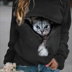 Casual Raglan Sleeve Crew Neck Cat Sweatshirt, Sweatshirts & Hoodies, color:Black|size:XXL, JustFashionNow
