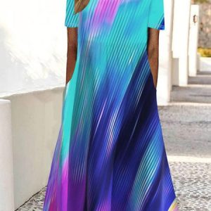 Ombre Casual Loose Crew Neck Dress, Dresses, color:Blue|size:XXL, JustFashionNow