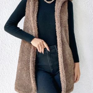 Loose Lambswool Teddy Jacket, Vests & Gilets, color:Deep Khaki|size:XXL, JustFashionNow