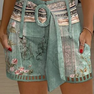 Floral Tribal Print Hollow Out Belted Shorts, Shorts, color:Green|size:XXL, JustFashionNow