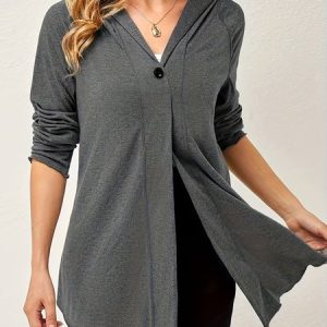 Hoodie Long Sleeve Plain Buckle Regular Loose Hooded Kimono For Women, Kimono, color:Gray|size:XXL, Noracora