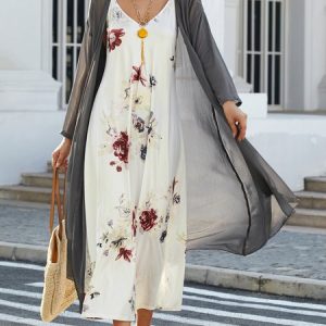 Loosen Spaghetti Floral Two Piece Long sleeve Knit Dress, Shirts & Blouses, color:White|size:XXL, JustFashionNow