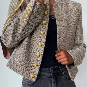 Stand Collar Long Sleeve Plain Buckle Regular Loose Jacket For Women, Jackets, color:Khaki|size:XL, Noracora
