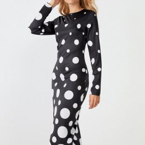 Stylewe Tight Elegant Polka Dots Long Sleeve Maxi Dress, Dresses, color:Black-white|size:XS, Stylewe