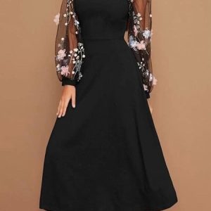 Women Plain Long Sleeve Comfy Party Mesh Maxi Dress, Dresses, color:Black|size:XXL, Noracora