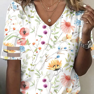 Loose Floral Casual V Neck T-Shirt, T-Shirts, color:White|size:XXL, JustFashionNow