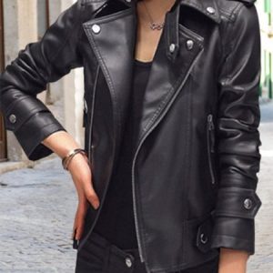 Lapel Collar Long Sleeve Plain Zipper Regular Loose Leather & Faux Leather For Women, Coats, color:Black|size:3XL, Noracora