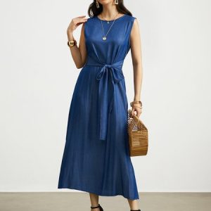 Midi Crew Neck Casual Faux denim Dress, Maxi Dresses, color:Blue|size:XS, Stylewe