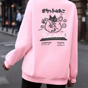 Cat Printing Casual Crew Neck Sweatshirt, Sweatshirts & Hoodies, color:Pink|size:3XL, JustFashionNow