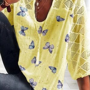 Three Quarter Sleeve Butterfly Printed Cotton-Blend Top, Blouses, color:Yellow|size:XXL, Noracora