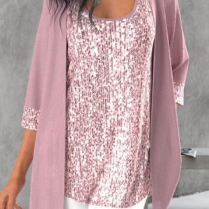 Women Geometric Crew Neck Three Quarter Sleeve Comfy Casual Two-Piece Set, SET, color:Pink|size:3XL, Noracora