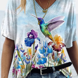 Hummingbird Flower Print Casual V Neck T-Shirt, T-Shirts, color:Blue|size:XXL, JustFashionNow