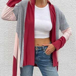 Wrap Long Sleeve Color Block Regular Micro-Elasticity Loose Kimono For Women, Kimono, color:Red|size:XL, Noracora