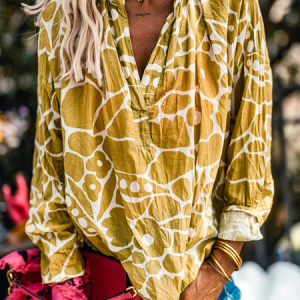 Geometric V Neck Casual Regular Fit Blouse, Shirts & Blouses, color:Yellow|size:XXL, JustFashionNow
