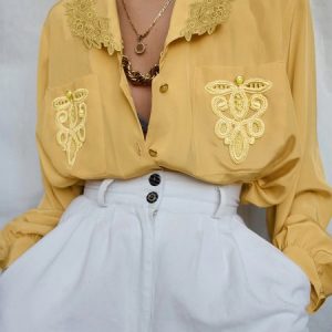 Shawl Collar Loose Plain Casual Long Sleeve Blouse, Blouses and Shirts, color:Yellow|size:XXL, Stylewe