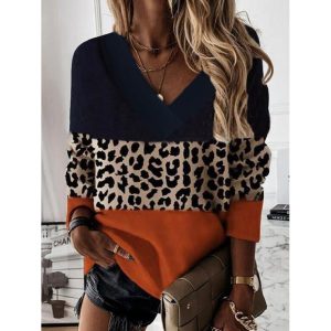 Long Sleeve Casual Printed V Neck T-shirt, women tops, COTOSEN