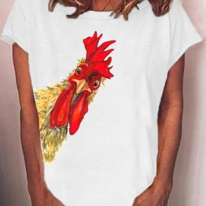 Women's roosters funny Print Casual T-Shirt, color:White|size:3XL, Lilicloth.com