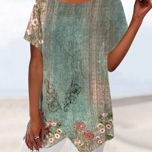 Casual Floral Crew Neck Regular Fit T-Shirt, T-Shirts, color:Green|size:3XL, JustFashionNow
