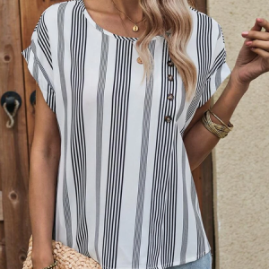 Striped Loose Casual Buckle Shirt, Shirts & Blouses, color:Gray|size:XXL, JustFashionNow