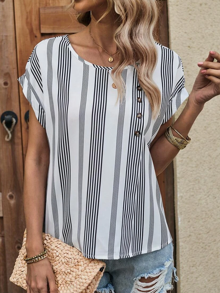 Striped Loose Casual Buckle Shirt, Shirts & Blouses, color:Gray|size:XXL, JustFashionNow