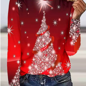 Women's Red Long Sleeve Tunic Tops Christmas Tree Printed, T-Shirts, color:Red|size:XXL, JustFashionNow