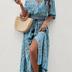 Geometric Casual Regular Fit V Neck Dress, Maxi, color:Blue|size:XXL, Noracora