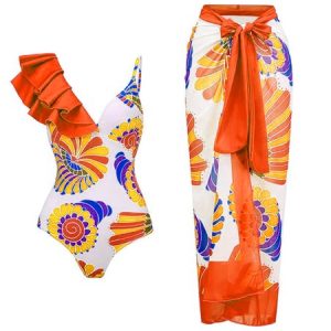 Elegant Floral Printing V Neck One Piece With Cover Up, swimwear>>Bikini Sets, color:Orange|size:S, JustFashionNow